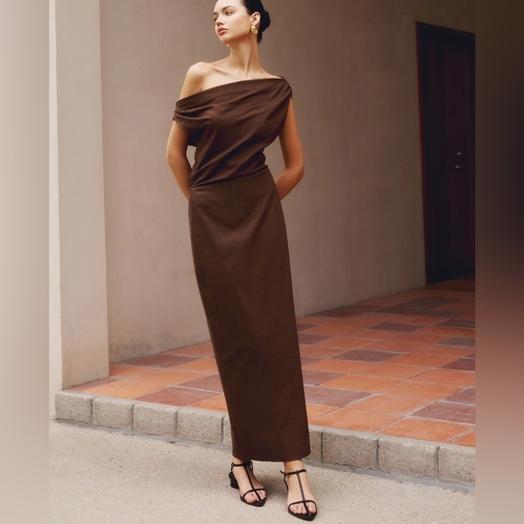 Commense Dresses & Skirts - Commense Cotton & Linen Asymmetrical Neck Off the Shoulder Long Maxi Dress